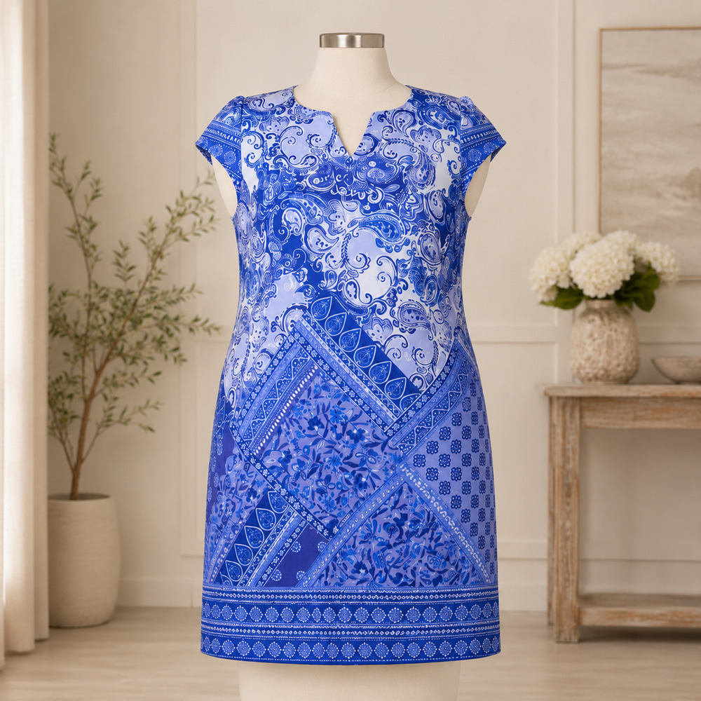 NWOT R&M Richards Plus 20W Blue Paisley Split Neck Cap Sleeve Dress